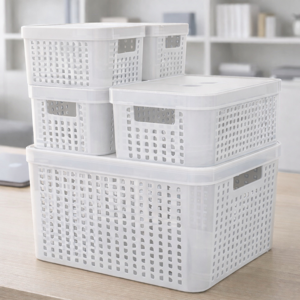 Kit 5 Caixas Organizadoras com Tampa Cesto Grande de Plástico 2 Litros 4,5 Litros 17 Litros