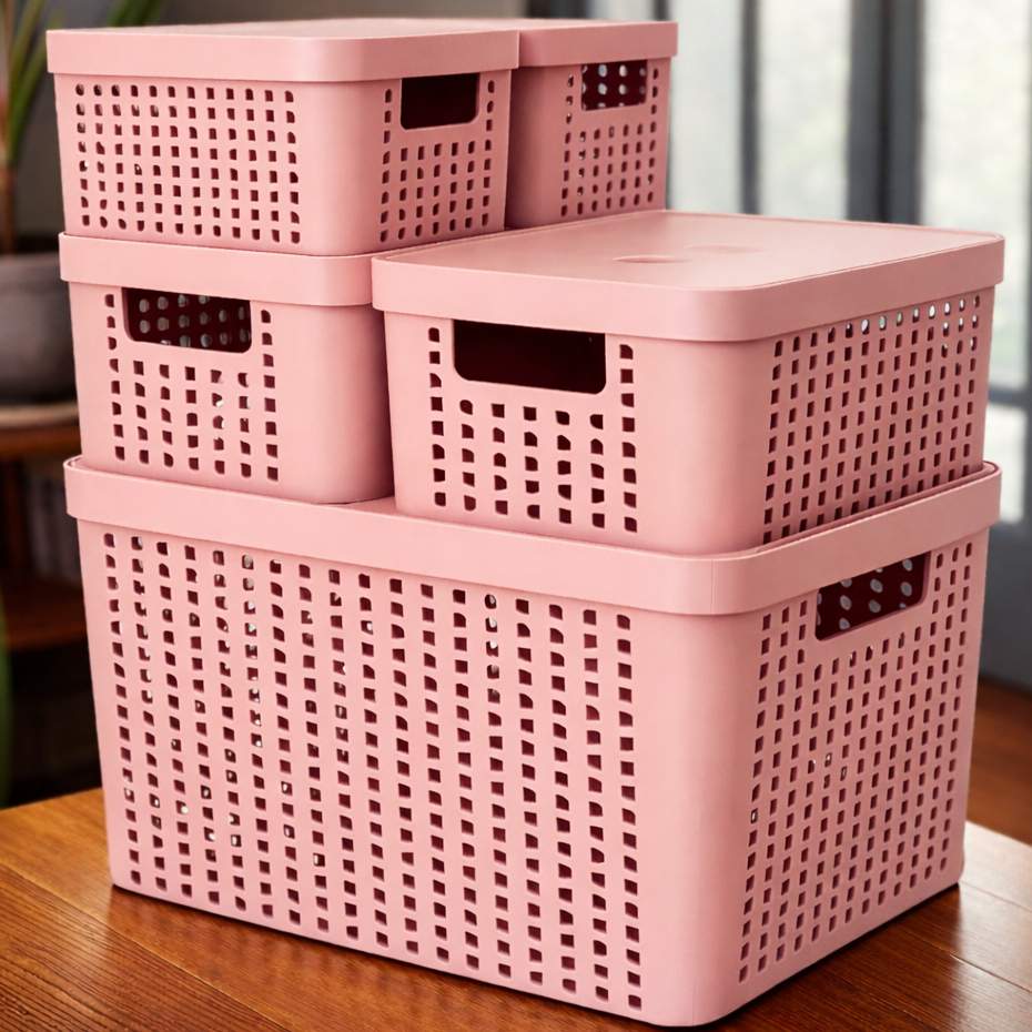 Kit 5 Caixas Organizadoras com Tampa Cesto Grande de Plástico 2 Litros 4,5 Litros 17 Litros